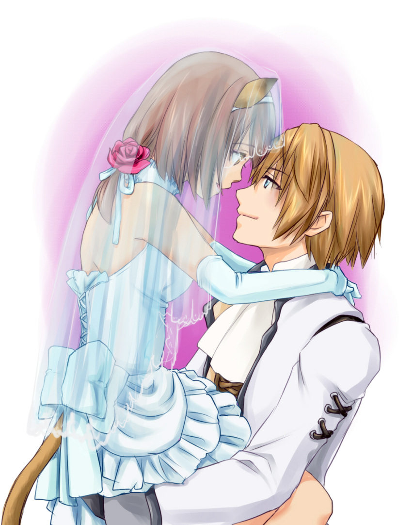 1boy, 1girl, animal_ears, arms_around_neck, bare_shoulders, blue_eyes, bow, brown_eyes, brown_hair, couple, detached_collar, dress, elbow_gloves, final_fantasy, final_fantasy_xi, gloves, hair_bow, hairband, highres, holding, hume, looking_at_another, low_ponytail, mithra, open_mouth, sakutsuki, short_hair, smile, tail, veil, wedding_dress