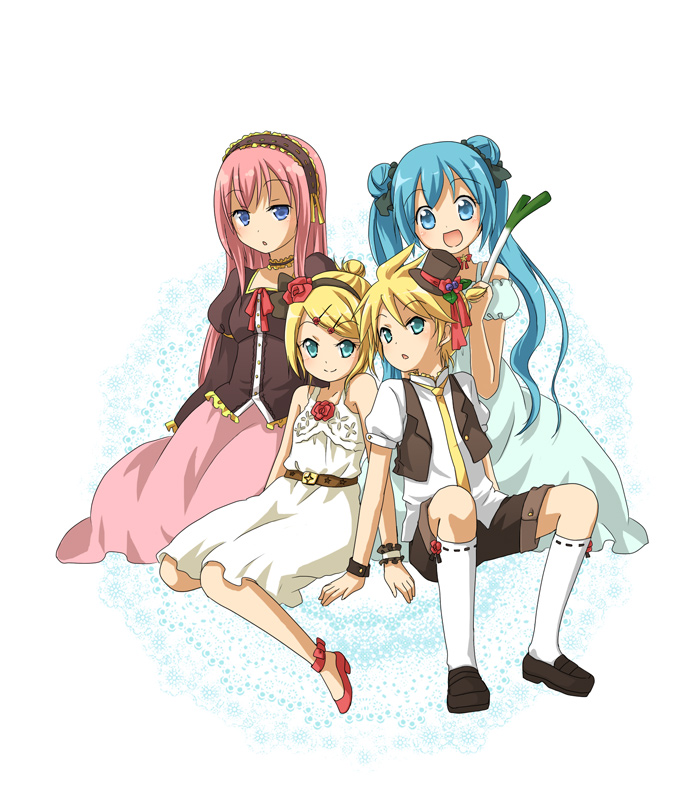aqua_hair, blonde_hair, blue_eyes, dress, flower, hair_ornament, hair_ribbon, hairband