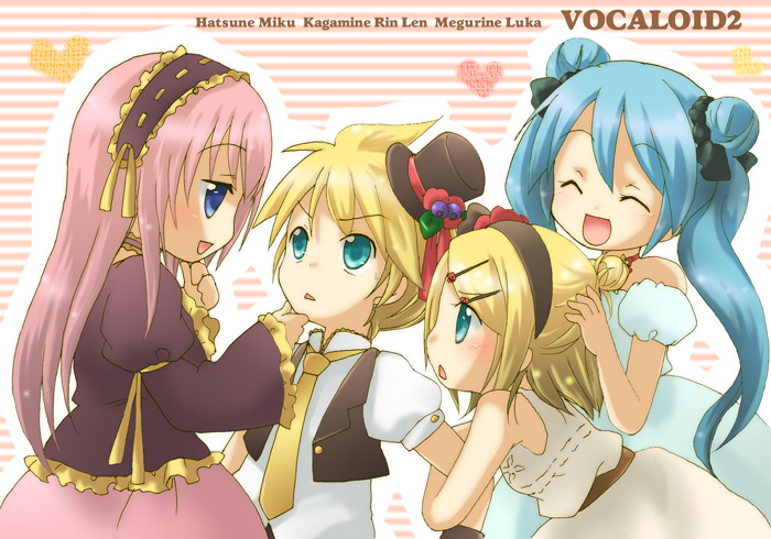 aqua_hair, blonde_hair, blue_eyes, dress, flower, hair_ornament, hair_ribbon, hairband