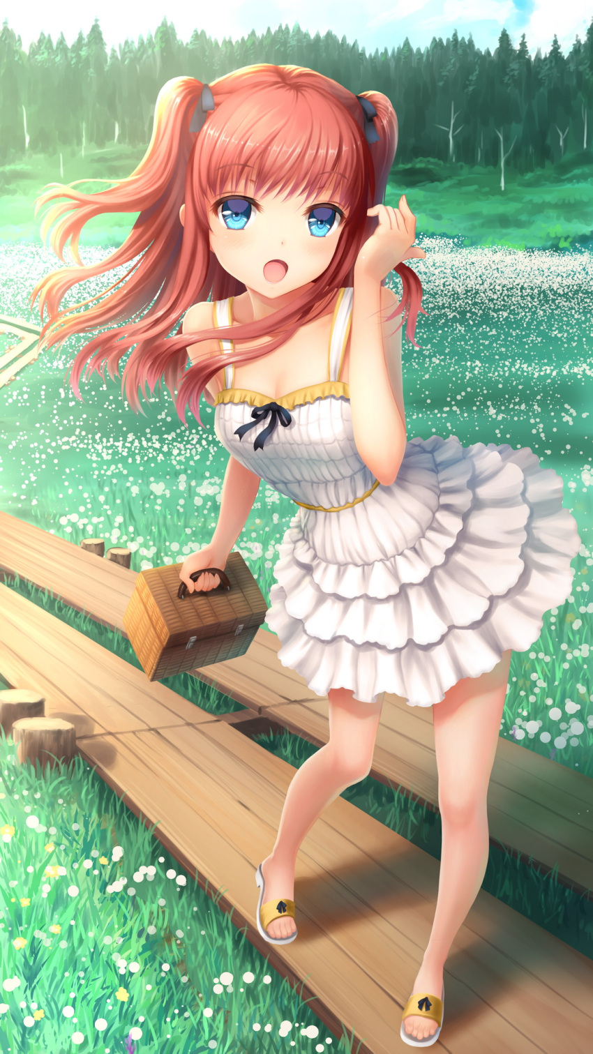1girl, :o, artist_request, basket, blue_eyes, dress, field, flower