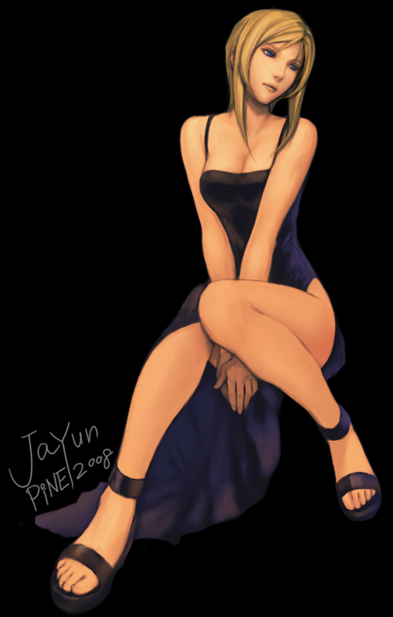 bare_shoulders, blonde_hair, blue_eyes, breasts, cleavage, collarbone, commentary, dress, highres, jayun, looking_away, parasite_eve, parasite_eve_ii, sitting, solo