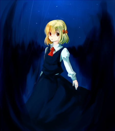 1girl, black_skirt, blonde_hair, darkness, hair_ribbon, iroha_mgn, red_eyes, ribbon