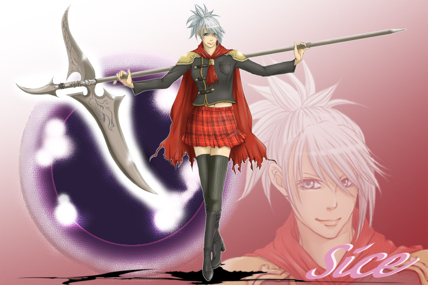 1girl, blue_eyes, breasts, cape, character_name, final_fantasy, final_fantasy_type-0, hair_over_one_eye