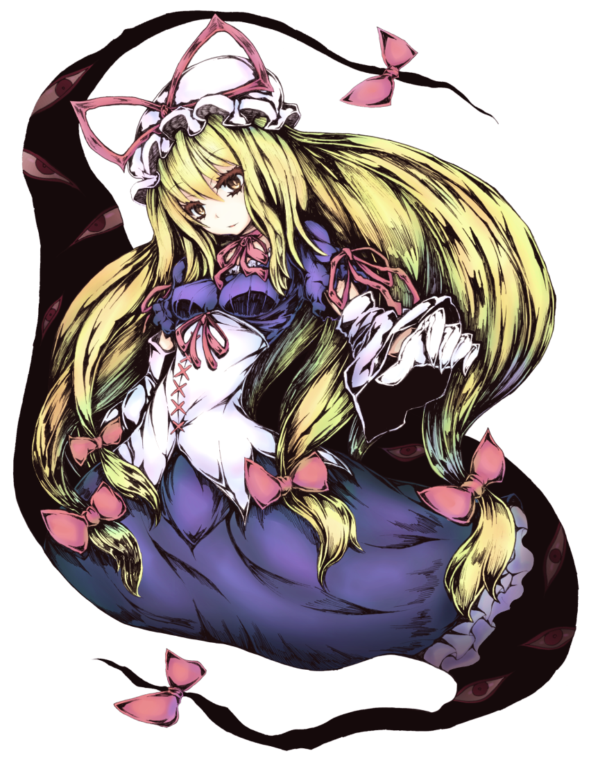 1girl, adapted_costume, arm_warmers, blonde_hair, breasts, corset, dress, expressionless