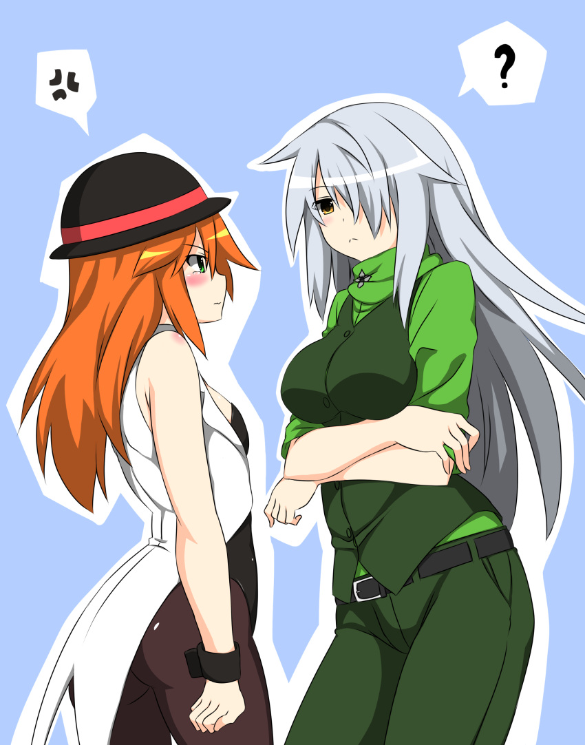 2girls, ?, absurdres, genderswap, hair_over_one_eye, hat, highres, long_hair