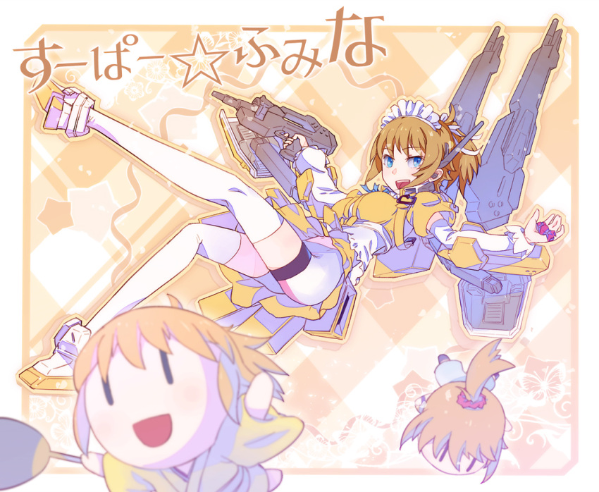 1girl, beam_rifle, blonde_hair, blue_eyes, candy, chibi, energy_gun, gundam, gundam_build_fighters, gundam_build_fighters_try, hoshino_fumina, long_hair, maid, maid_headdress, mecha_musume, ponytail, shield, super_fumina, tamago_tomato, thigh-highs, weapon, zettai_ryouiki