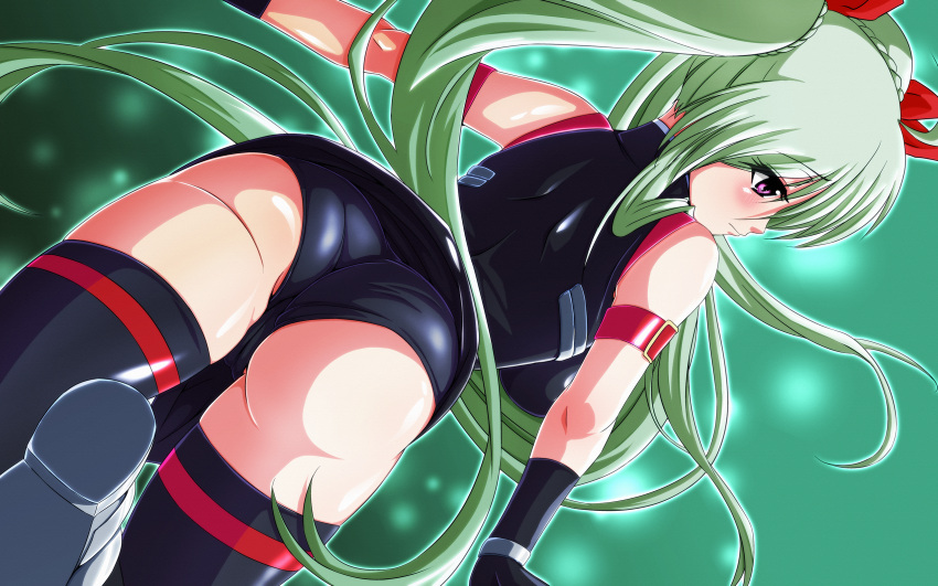 1girl, einhart_stratos, fate_testarossa_(cosplay), gloves, green_hair, highres, long_hair, lyrical_nanoha