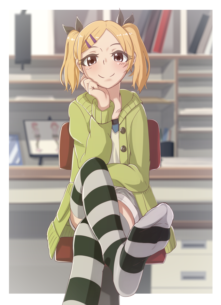 1girl, blonde_hair, blush, casino_(pixiv468133), chair, feet, grey_eyes, hair_ornament