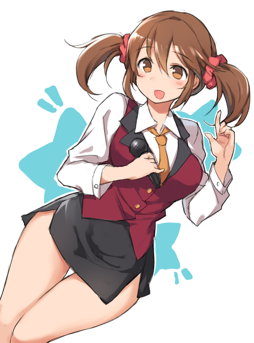 1girl, :d, brown_eyes, brown_hair, highres, idolmaster, idolmaster_cinderella_girls, microphone