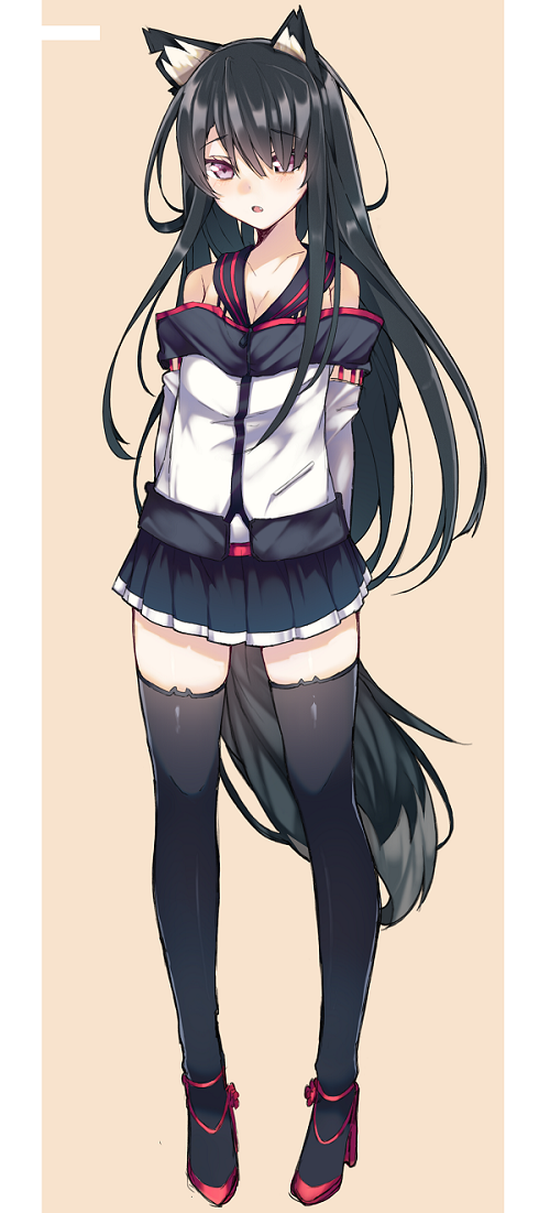1girl, animal_ears, arms_behind_back, black_hair, blush, breasts, cat_ears, detached_sleeves