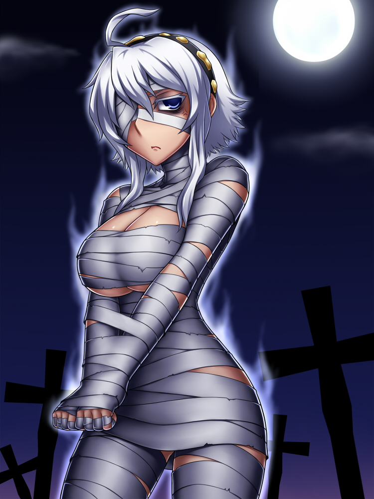 1girl, anger_vein, aura, bandage_over_one_eye, bandages, blue_eyes, cross, duel_monster