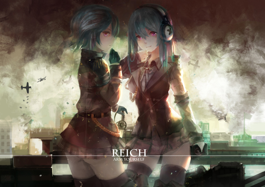 2girls, absurdres, airplane, bismarck_(warship_girls_r), black_gloves, bomb, building, dropping