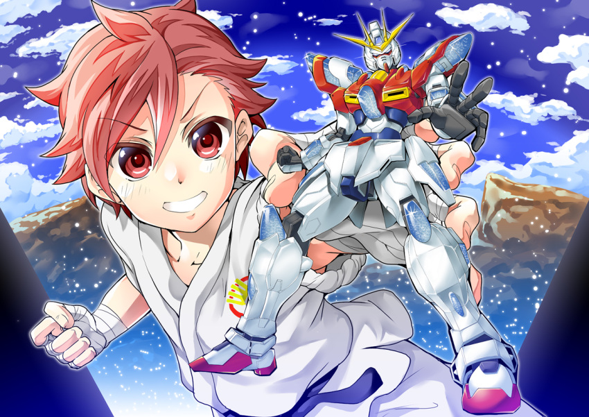 1boy, bandages, build_burning_gundam, dougi, ekakibito, grin, gundam, gundam_build_fighters