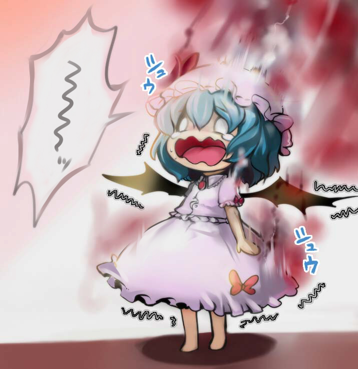 1girl, barefoot, bat_wings, blue_hair, bow, burning, crying, dress