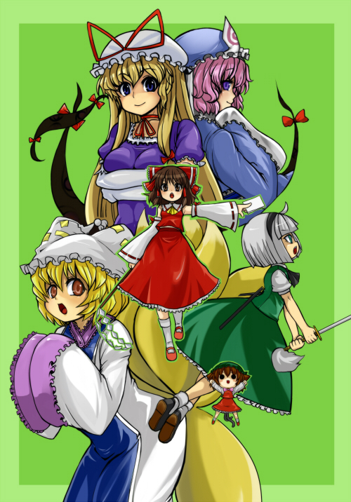 6+girls, chen, chibi, gap, green_background, hakurei_reimu, japanese_clothes, konpaku_youmu