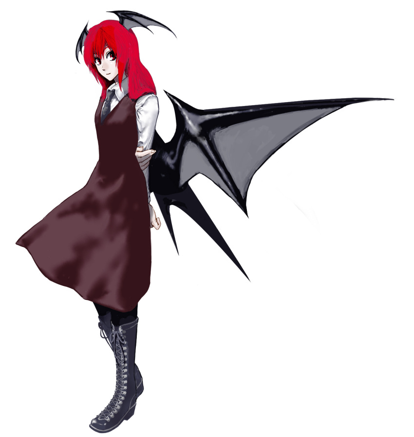 1girl, arms_behind_back, boots, collared_shirt, cross-laced_footwear, demon_wings, dress, dress_shirt