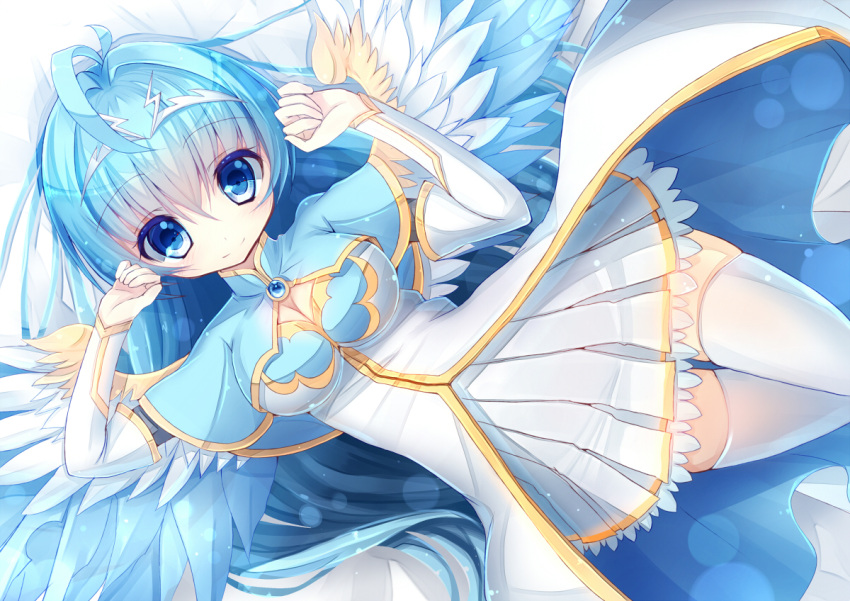 1girl, ahoge, andromeda_(p&amp;d), blue_eyes, blue_hair, breasts, capelet, cleavage