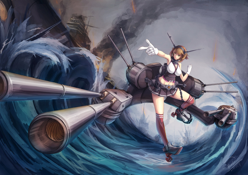 1girl, absurdres, brown_hair, chain, gloves, highres, kantai_collection, kneehighs