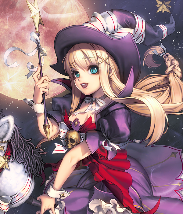 1girl, alternate_costume, aqua_eyes, blonde_hair, boots, broken_(chaos_online), broom, broom_riding