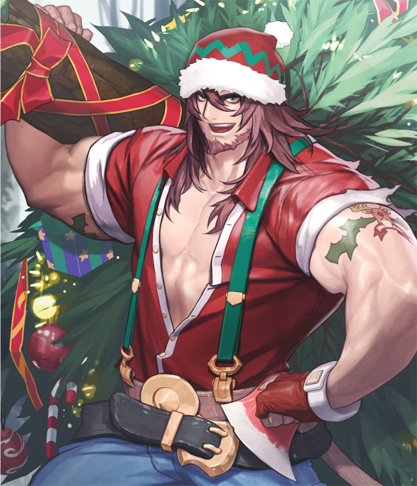 1boy, alternate_costume, artist_request, axe, bauble, beanie, beard, belt