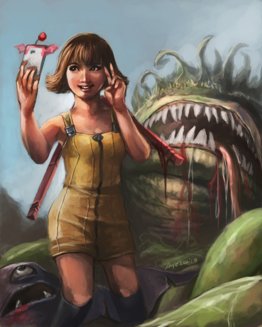 1girl, 2013, absurdres, alprz, blood, boots, brown_hair, cellphone