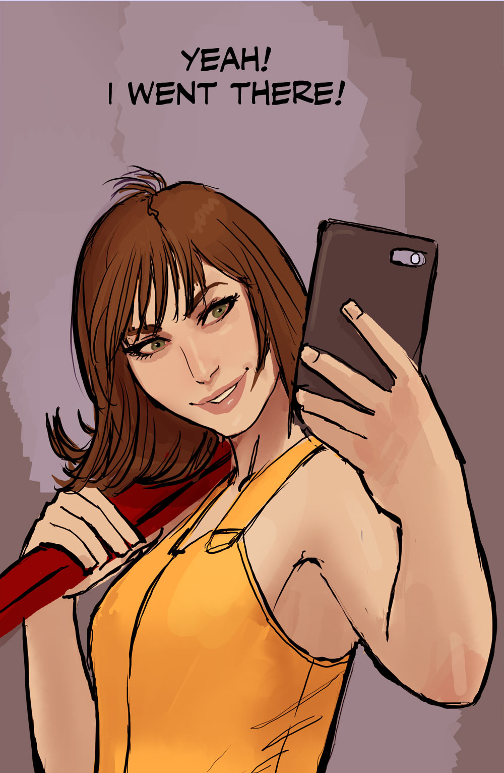 1girl, artist_request, brown_hair, cellphone, commentary, english, final_fantasy, final_fantasy_viii, green_eyes, highres, lips, nebezial, nunchaku, parted_lips, phone, pun, selphie_tilmitt, smartphone, smile, solo, stjepan_sejic, weapon
