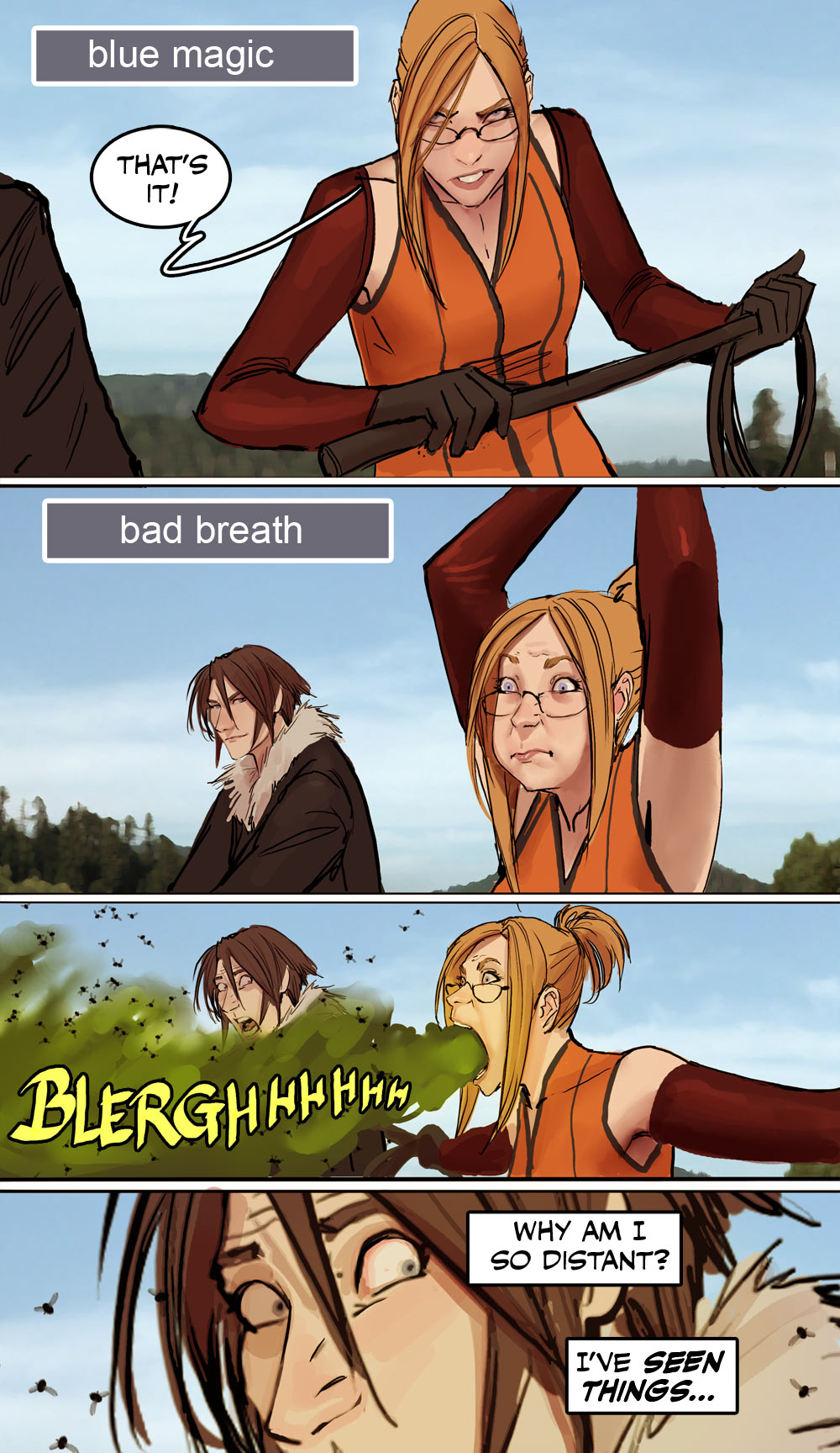 1boy, 1girl, artist_request, blonde_hair, breath, brown_hair, comic, commentary