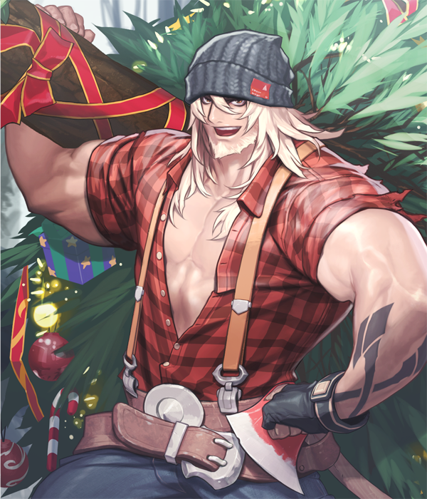 1boy, alternate_costume, artist_request, axe, bauble, beanie, beard, belt