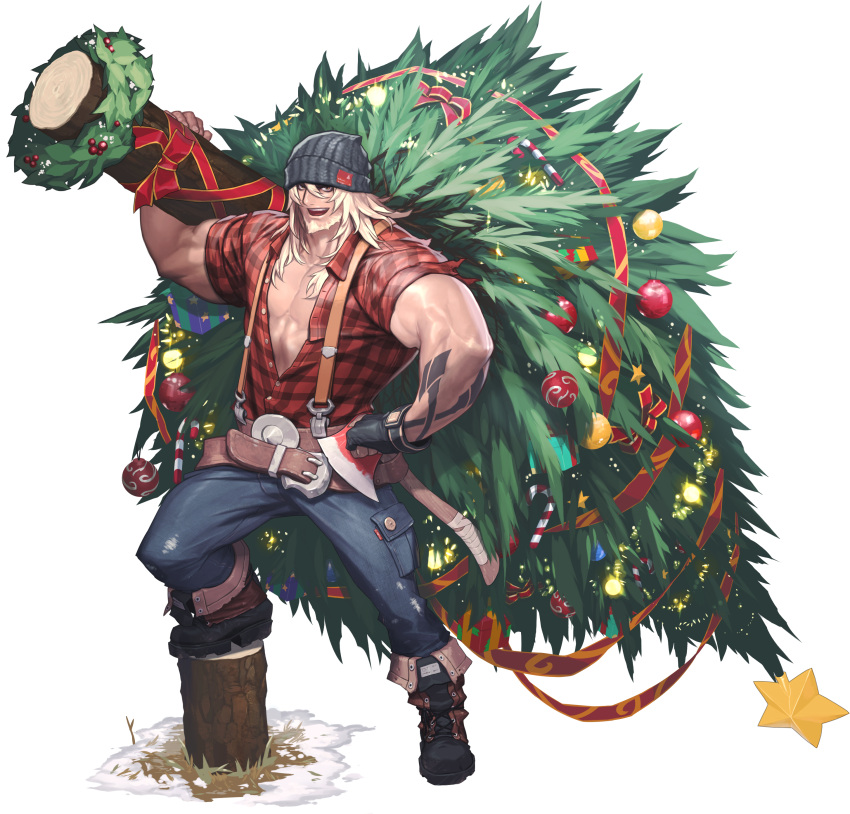 1boy, absurdres, alternate_costume, artist_request, axe, bauble, beanie, beard