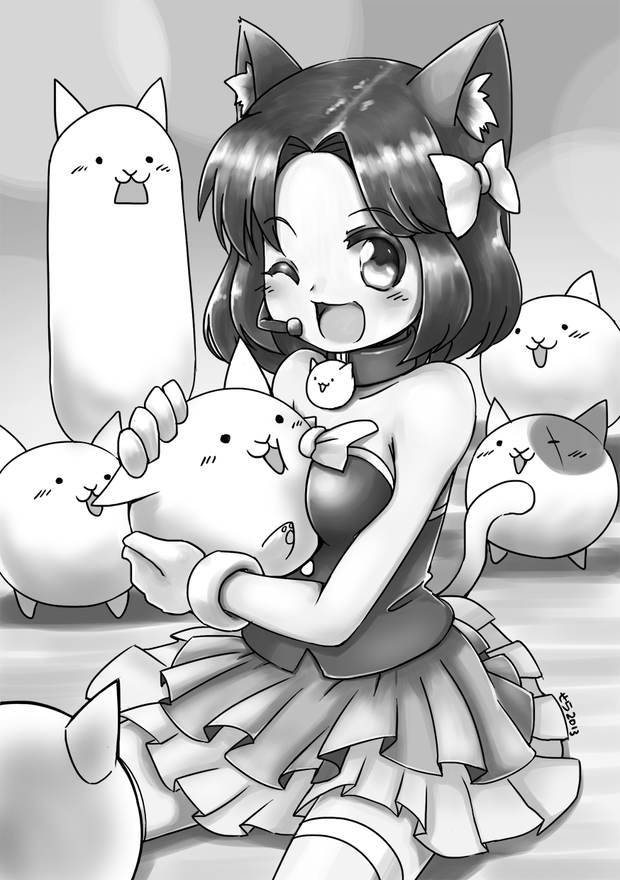 1girl, :3, animal_ears, bare_shoulders, bow, breast_press, cat_(battle_cats), cat_ears, cat_tail, collar, hair_bow, headset, highres, microphone, moneko_(battle_cats), monochrome, nyanko_daisensou, one_eye_closed, open_mouth, scar, scar_across_eye, sitting, skirt, smile, strapless, tail, tank_cat, thigh-highs, wariza, yaosera