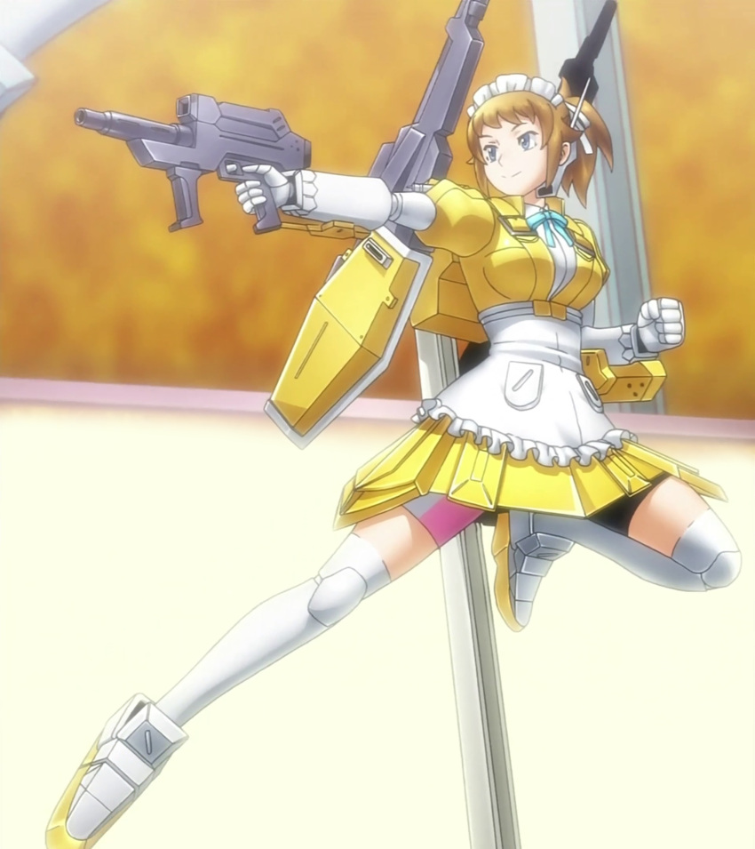 1girl, apron, bike_shorts, blue_eyes, boots, brown_hair, gun, gundam