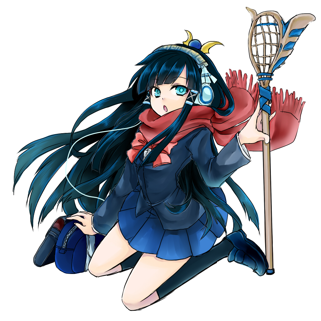 1girl, :o, bag, black_hair, blue_eyes, blue_skirt, bow, contemporary