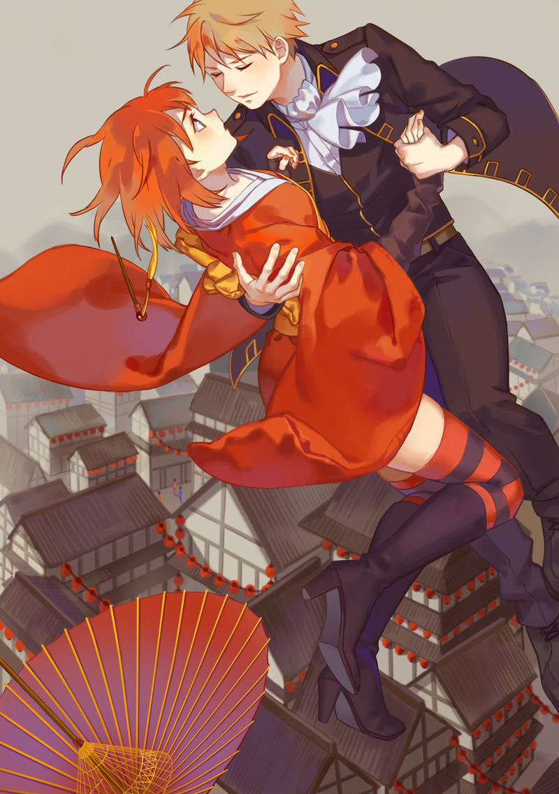 1boy, 1girl, brown_hair, floating, gintama, kagura_(gintama), kebei, okita_sougo