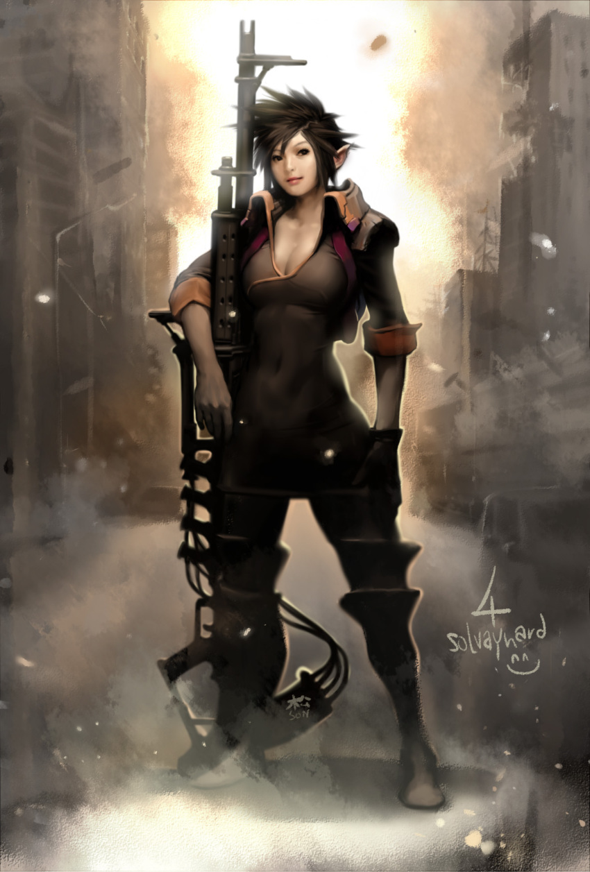 1girl, black_hair, breasts, cleavage, elf, gun, highres, kokecit, lips, nose, original, planted_weapon, pointy_ears, rifle, short_hair, single_glove, sniper_rifle, solo, spiky_hair, weapon