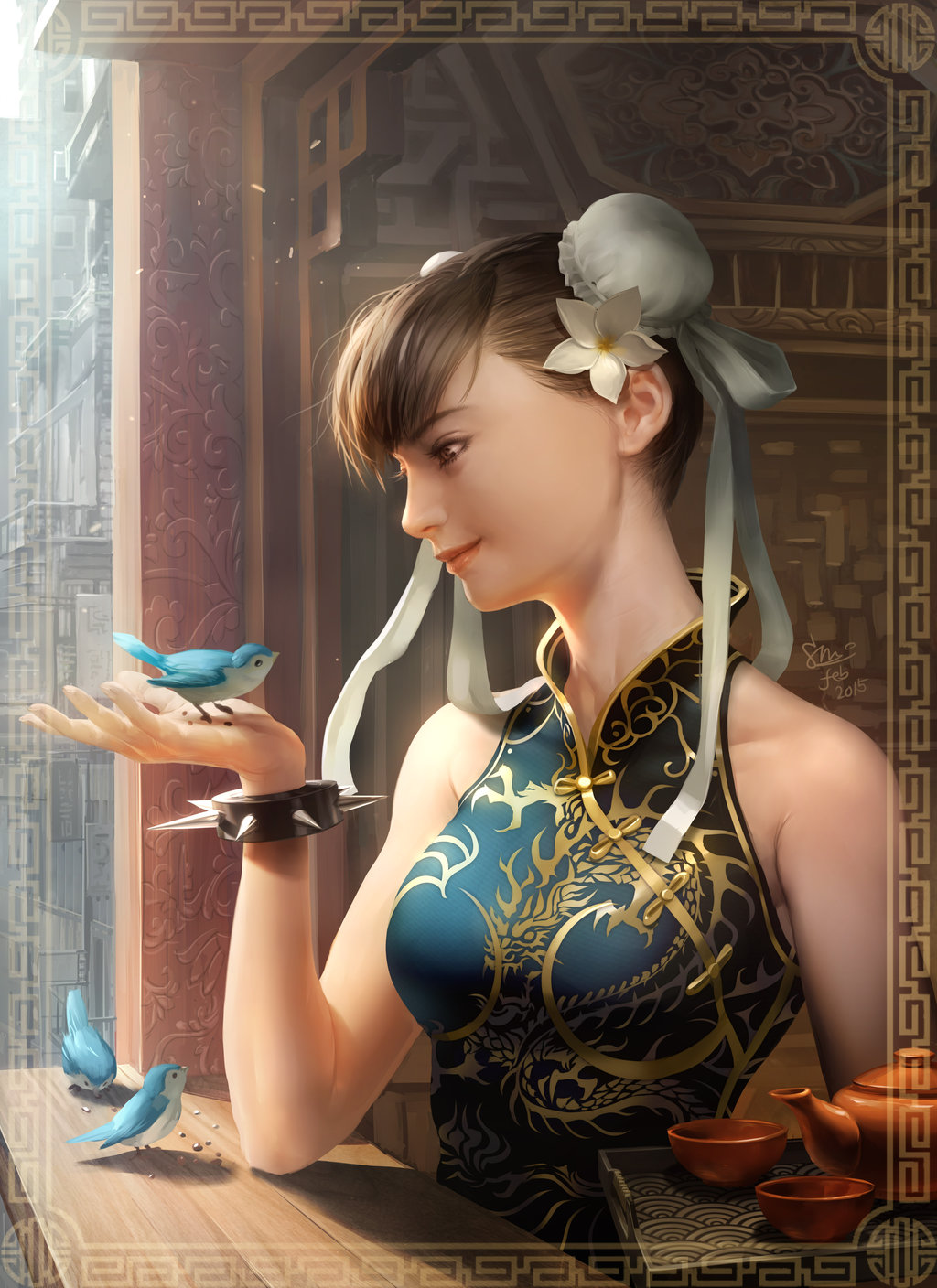 1girl, alternate_costume, bird, bird_on_hand, bracelet, brown_hair, bun_cover, china_dress