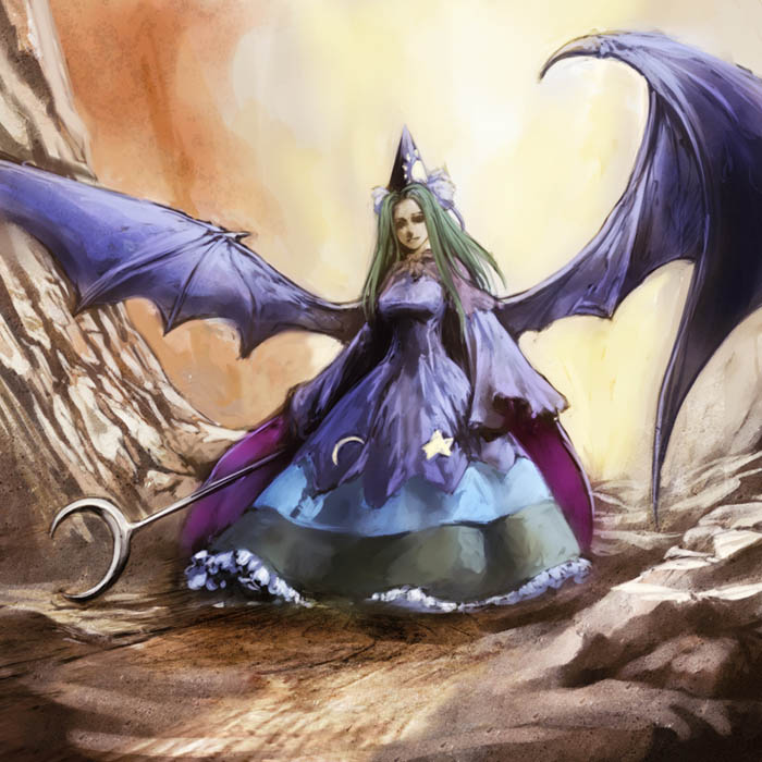 1girl, cervus, demon_wings, dress, frilled_dress, frills, green_hair, hat