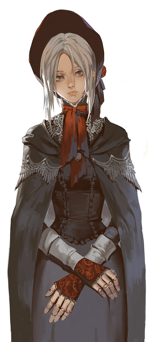 1girl, bloodborne, bonnet, cloak, doll_joints, expressionless, grey_eyes, lips