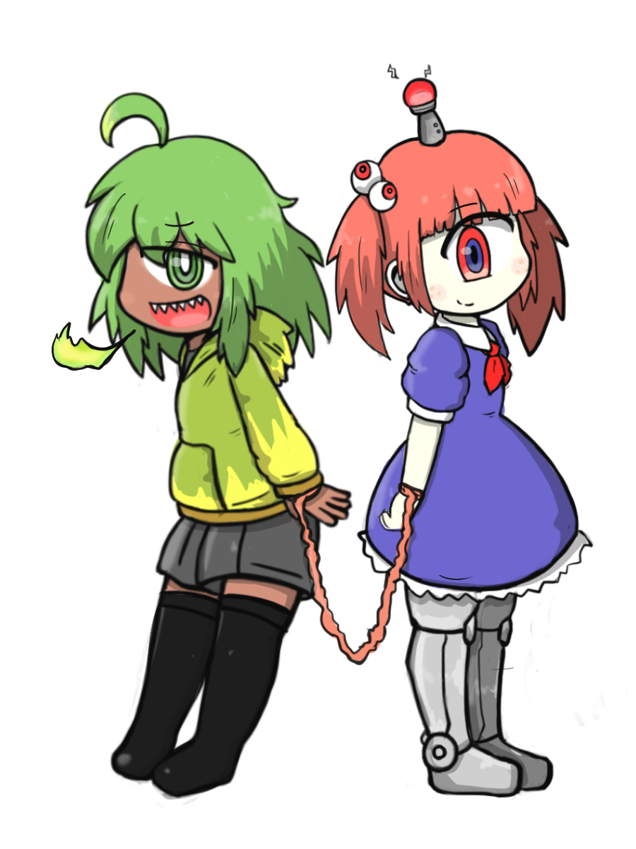 2girls, cyclops, dress, green_hair, highres, multiple_girls, one-eyed, robot