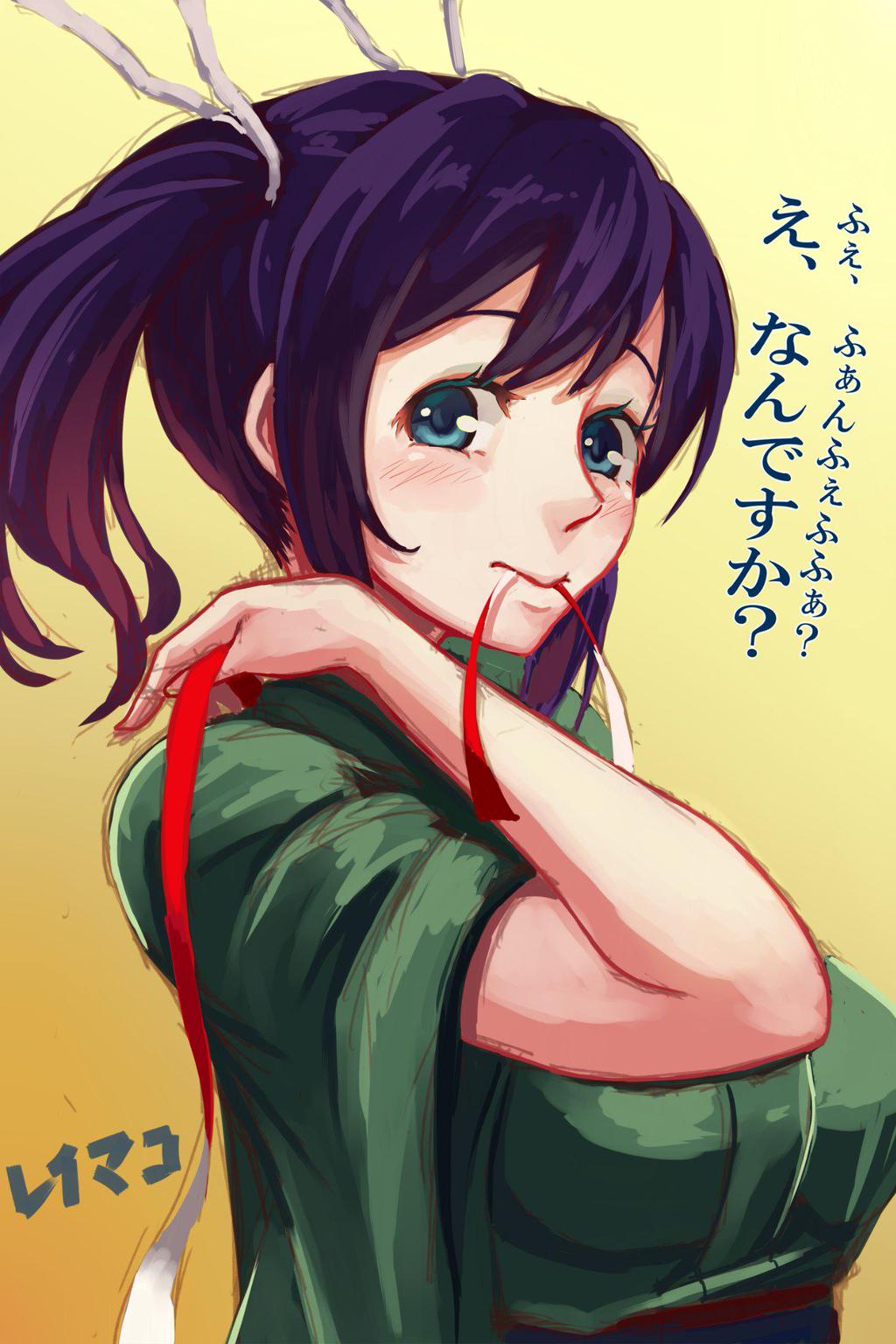 1girl, black_hair, blue_eyes, blush, breasts, hair_ribbon, highres, japanese_clothes