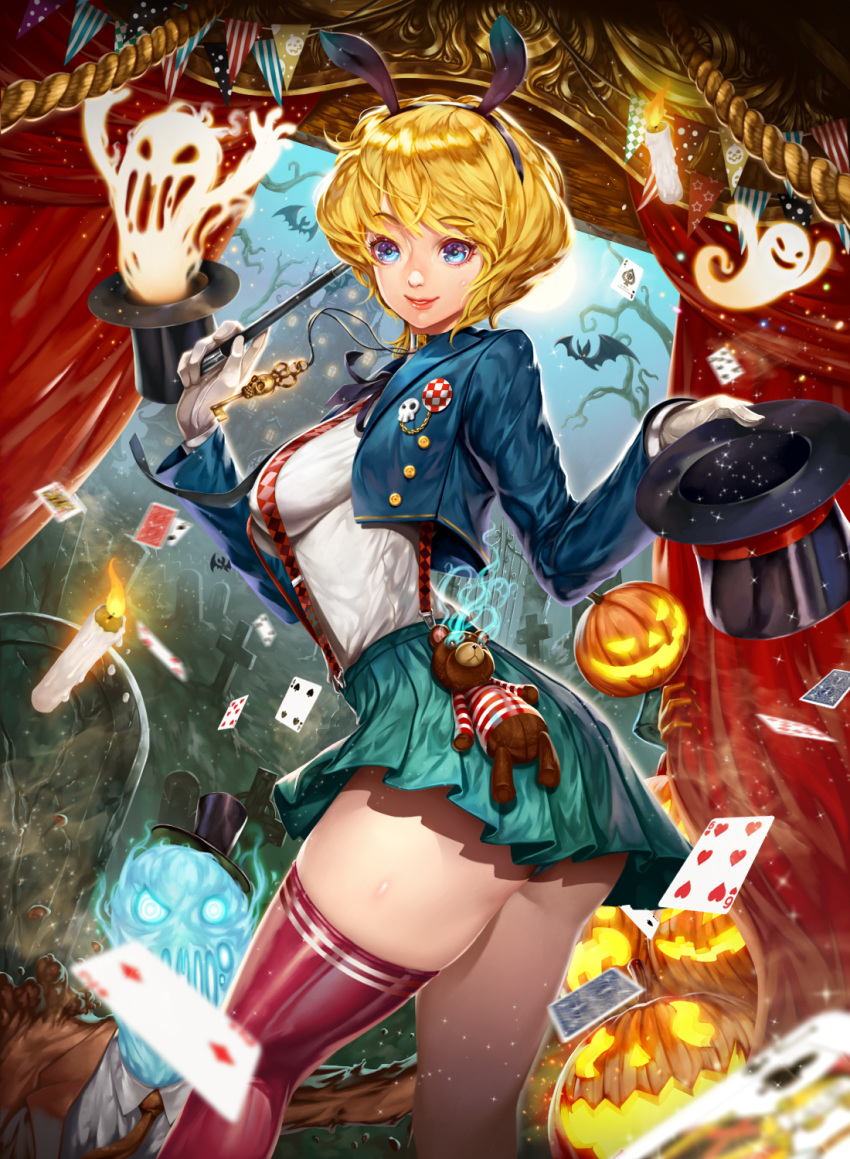 1girl, ace_of_spades, animal_ears, ass, bat, blonde_hair, blue_eyes, candle