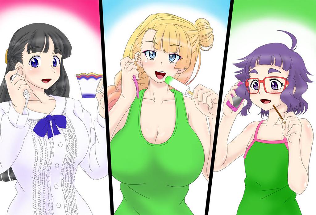3girls, asymmetrical_hair, black_hair, blonde_hair, breasts, cellphone, cleavage, column_lineup