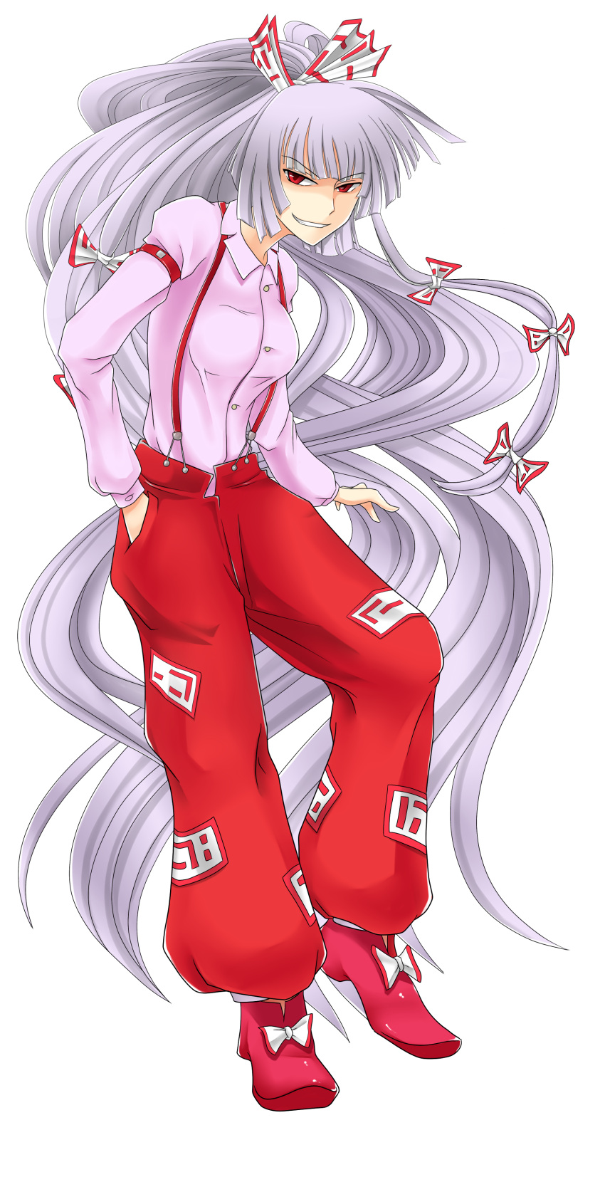 absurdres, bow, fujiwara_no_mokou, grin, hair_bow, hair_ribbon, hand_in_pocket, highres, long_hair, red_eyes, ribbon, shown, silver_hair, smile, smirk, suspenders, touhou, transparent_background, very_long_hair