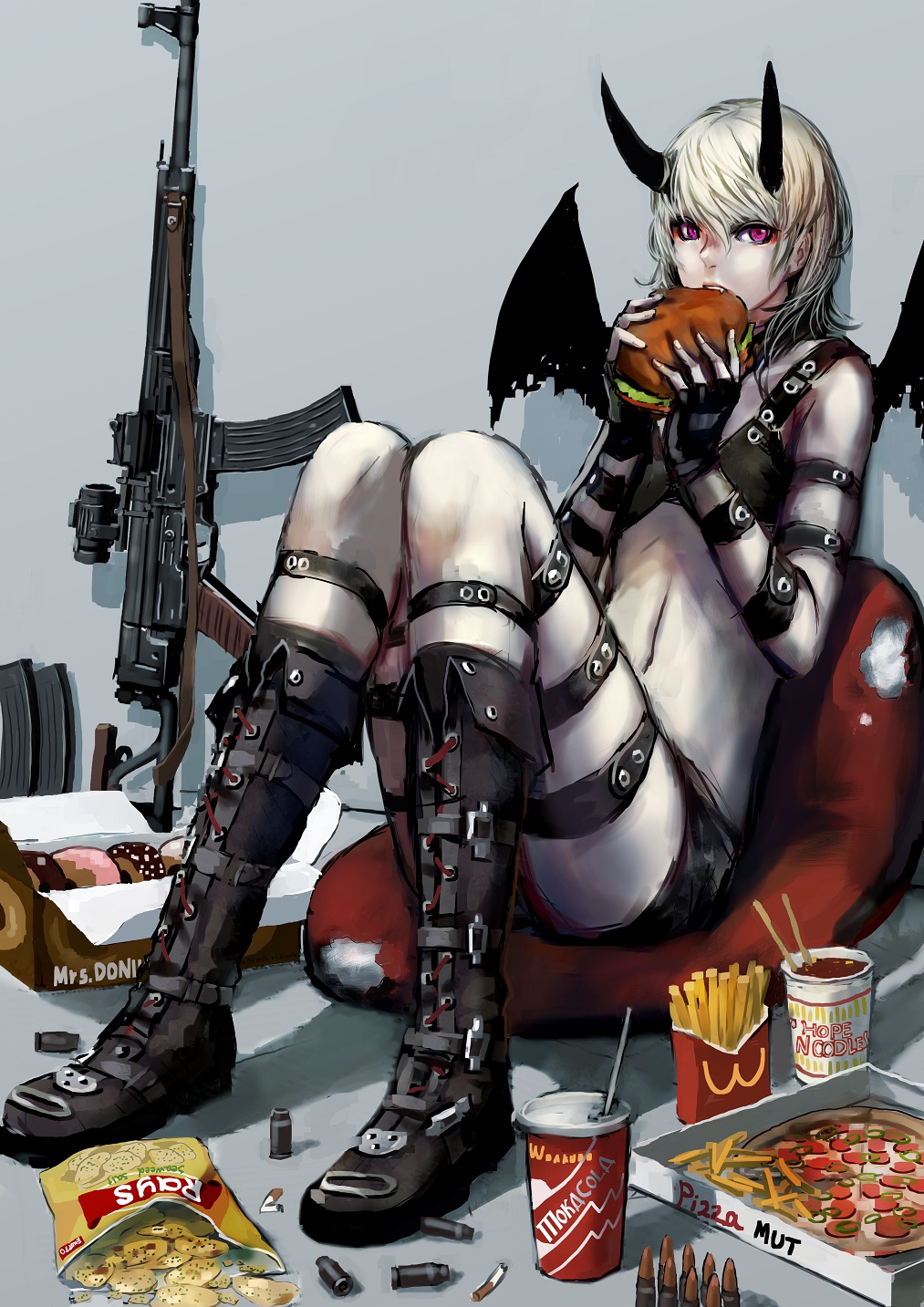 1girl, assault_rifle, bean_bag, boots, brand_name_imitation, bullet, chips, chopsticks