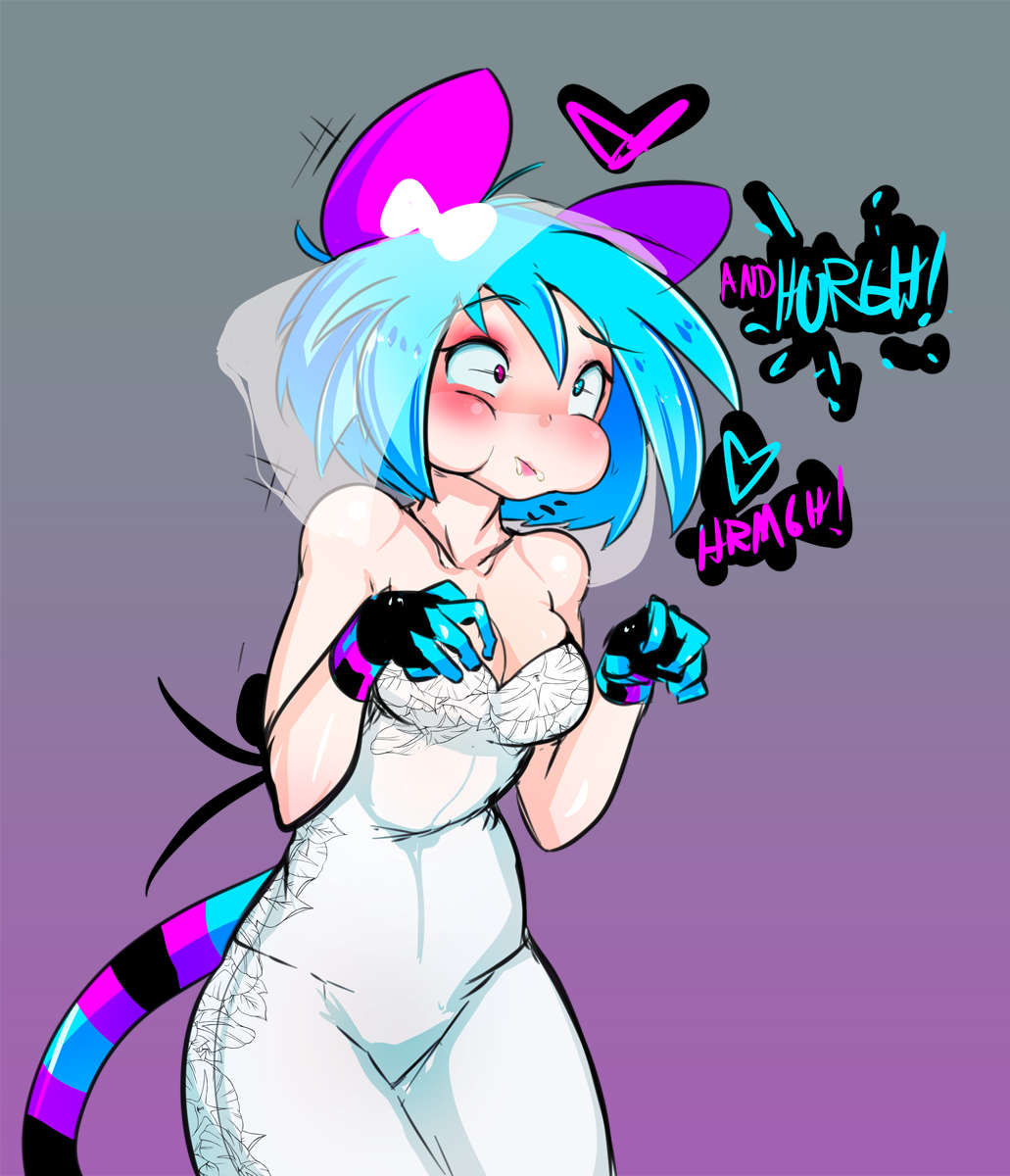 1girl, animal_ears, aqua_eyes, aqua_hair, bare_shoulders, bow, breasts, bridal_veil, cheek_bulge, dress, english, gloves, hair_bow, heterochromia, highres, original, pink_eyes, shocked_eyes, short_hair, sideboob, slugbox, solo, strapless_dress, tail, veil, vomi_agogo, vomiting, wedding_dress, white_dress
