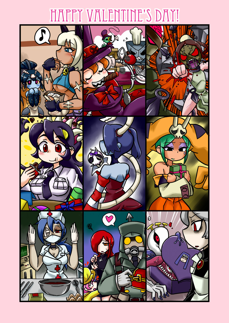 aruse_yuushi, avery_(skullgirls), black_egrets, bloody_marie_(skullgirls), blue_skin, cerebella_(skullgirls), collage, dark_skin