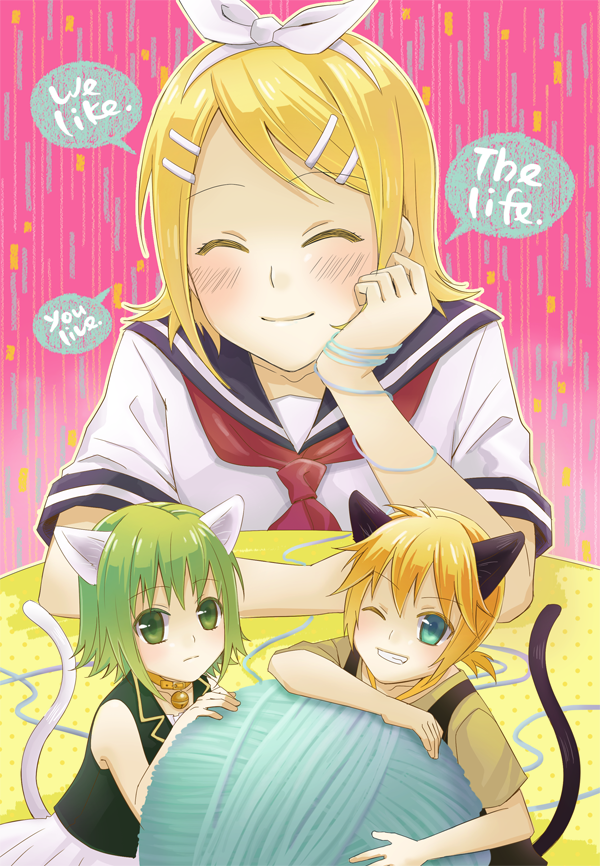 1boy, 2girls, aa_subarashiki_nyansei_(vocaloid), animal_ears, bell, blonde_hair, blue_eyes, blush, cat_ears, cat_tail, closed_eyes, collar, dachura71_o, green_eyes, green_hair, grin, gumi, hair_ornament, hair_ribbon, hairclip, hand_on_own_cheek, kagamine_len, kagamine_rin, looking_at_viewer, multiple_girls, one_eye_closed, ponytail, ribbon, school_uniform, serafuku, short_hair, smile, speech_bubble, tail, vocaloid