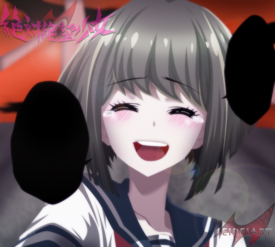 1girl, artist_name, blush, brown_hair, closed_eyes, copyright_name, crying, dangan_ronpa