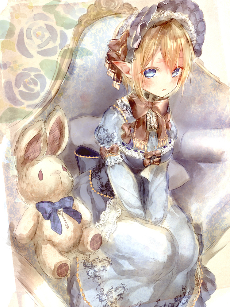 1girl, between_legs, blonde_hair, blue_dress, blue_eyes, blush, bonnet, bow, breast_squeeze, breasts, couch, didi_amen, dress, from_above, gown, hand_between_legs, key, leaning_forward, looking_at_viewer, open_mouth, original, pointy_ears, pouch, short_hair, sitting, stuffed_animal, stuffed_bunny, stuffed_toy, toy