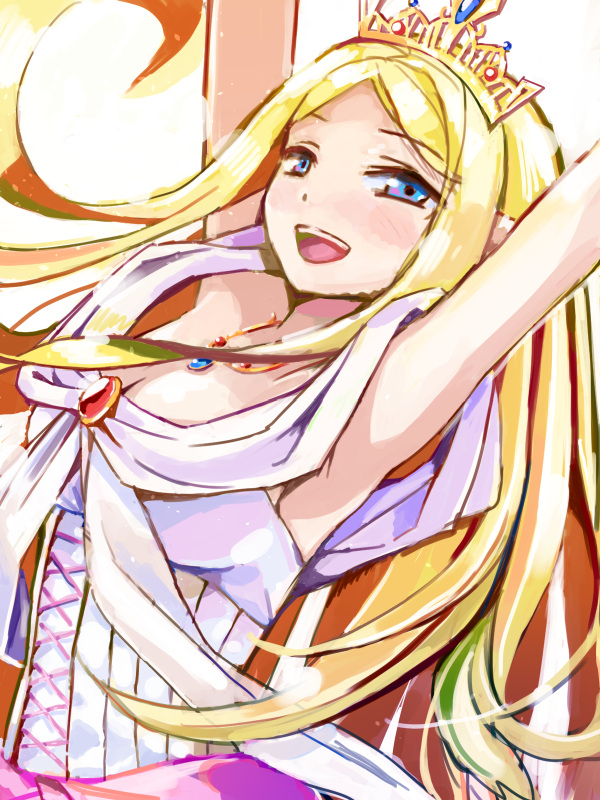 1girl, 3678177, :d, arms_up, blonde_hair, blue_eyes, blush, breasts