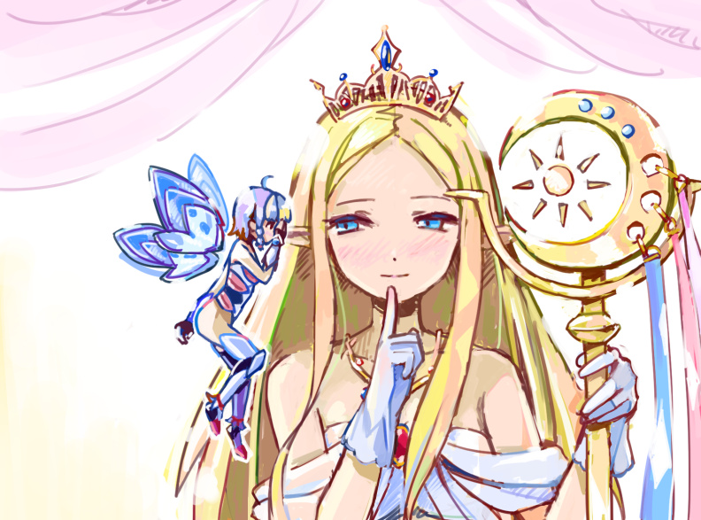 2girls, 3678177, ahoge, bare_shoulders, blonde_hair, blue_eyes, blush, crescent